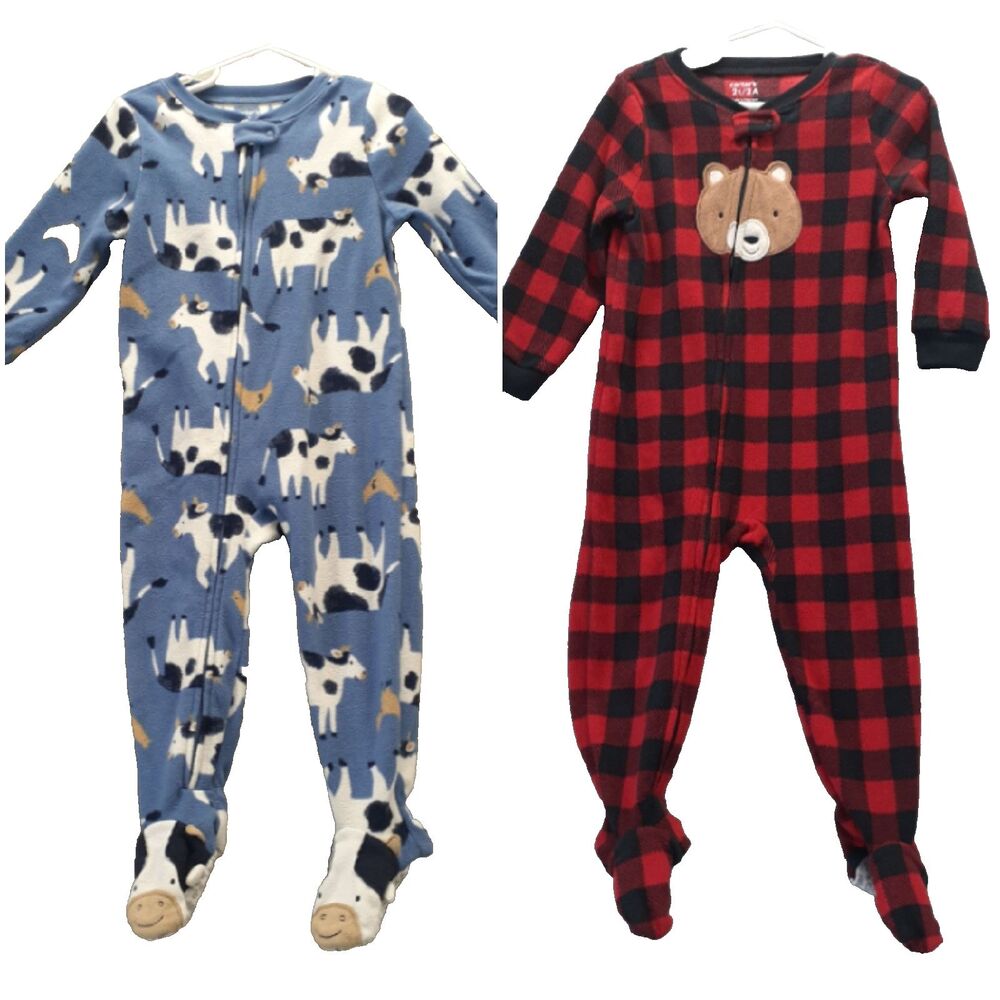 Carter's Sz 2T Footed Fleece Blanket 2 Sleeper Pajamas Cow Bear Plaid